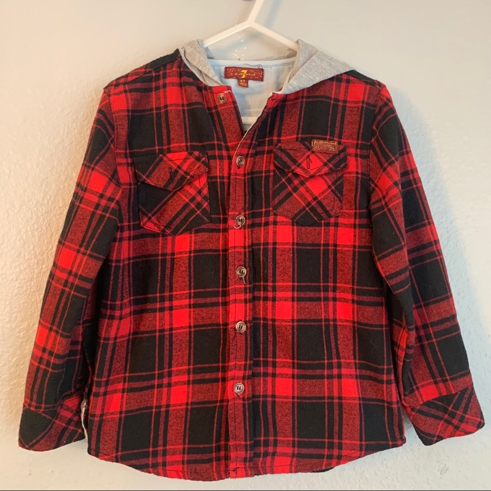 7FAM Flannel Button Down Hoodie Black & Red